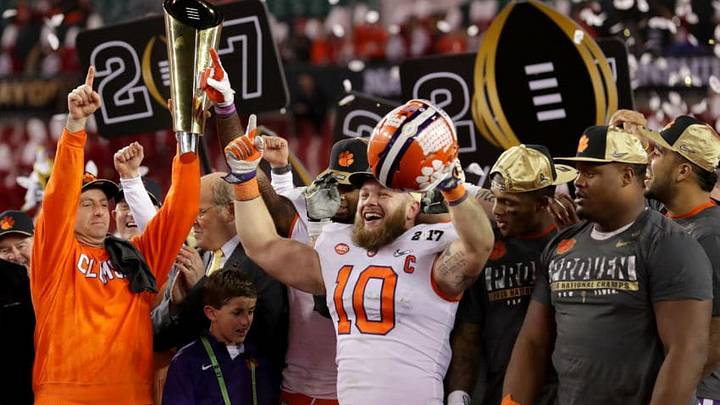 TAMPA, FL - JANUARY 09: Linebacker Ben Boulware #10 of the Clemson Tigers celebrates after defeating the Alabama Crimson Tide 35-31 to win the 2017 College Football Playoff National Championship Game at Raymond James Stadium on January 9, 2017 in Tampa, Florida. (Photo by Streeter Lecka/Getty Images)